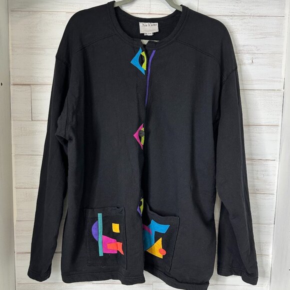 Nu Views Women Vintage Button Up Sweatshirt in Black Size XXL Geometric Shapes - Picture 1 of 9